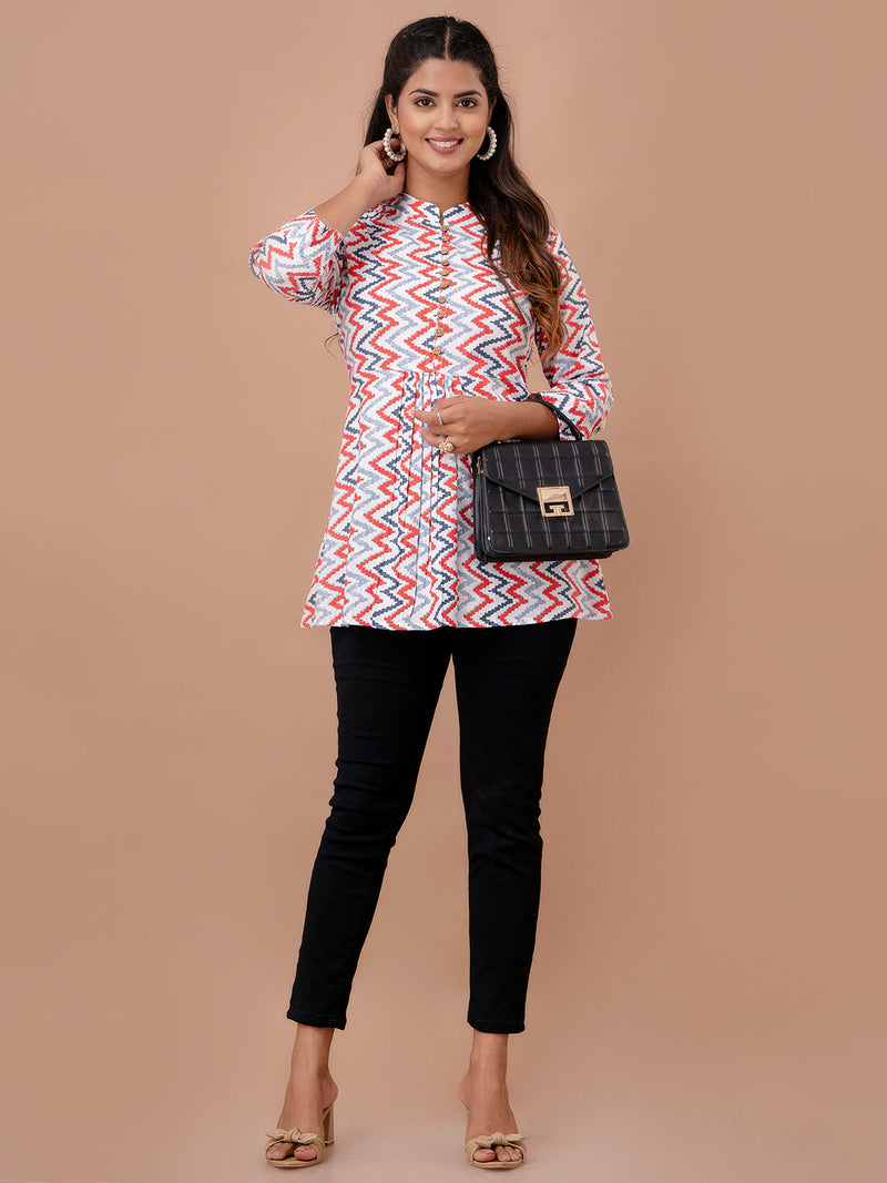 Floral Printed Pure Cotton Pleated A-Line Kurti