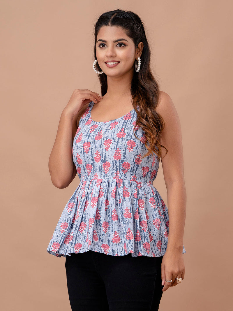Floral Print Cotton Peplum Top