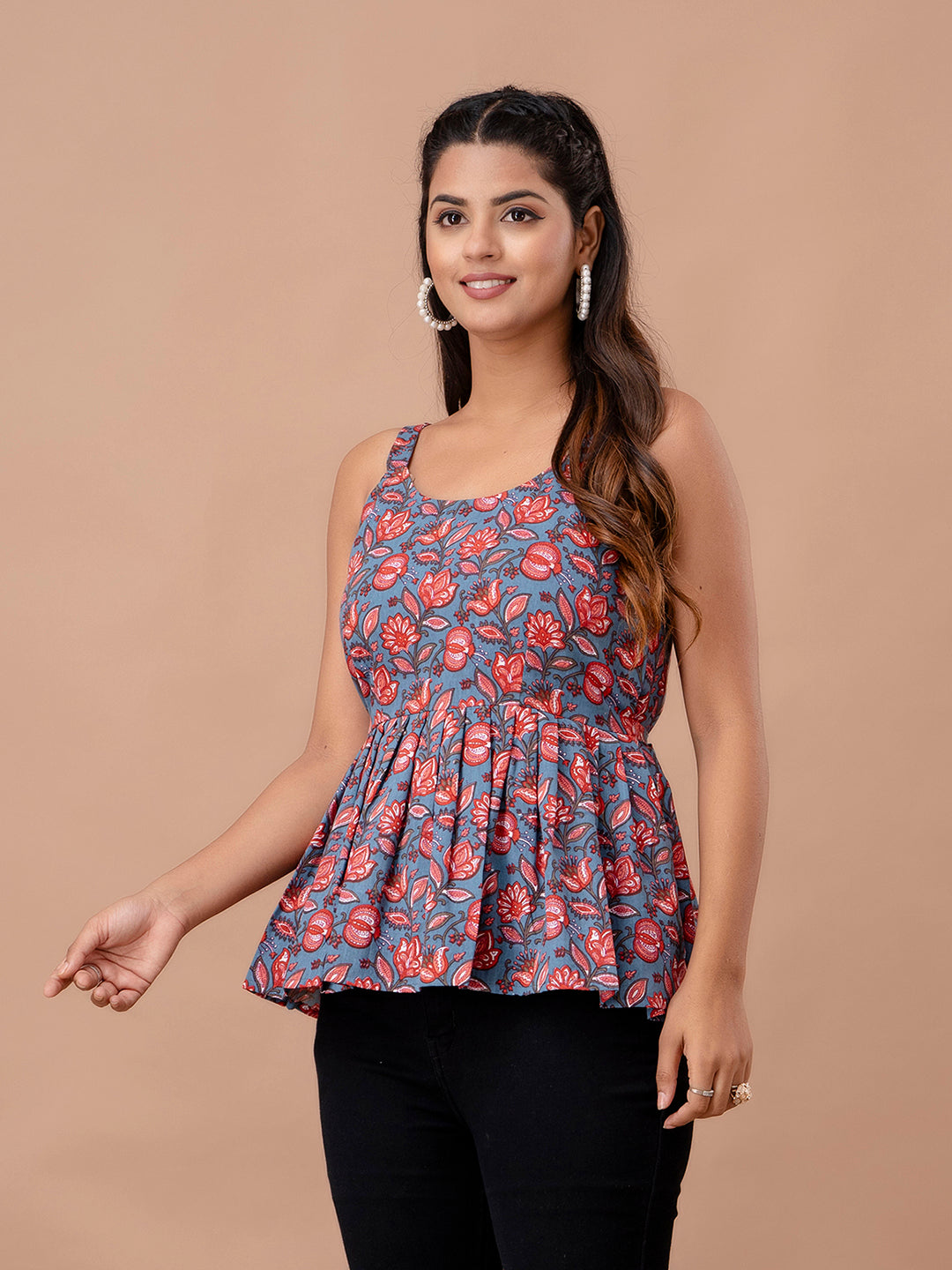 Floral Print Cotton Peplum Top