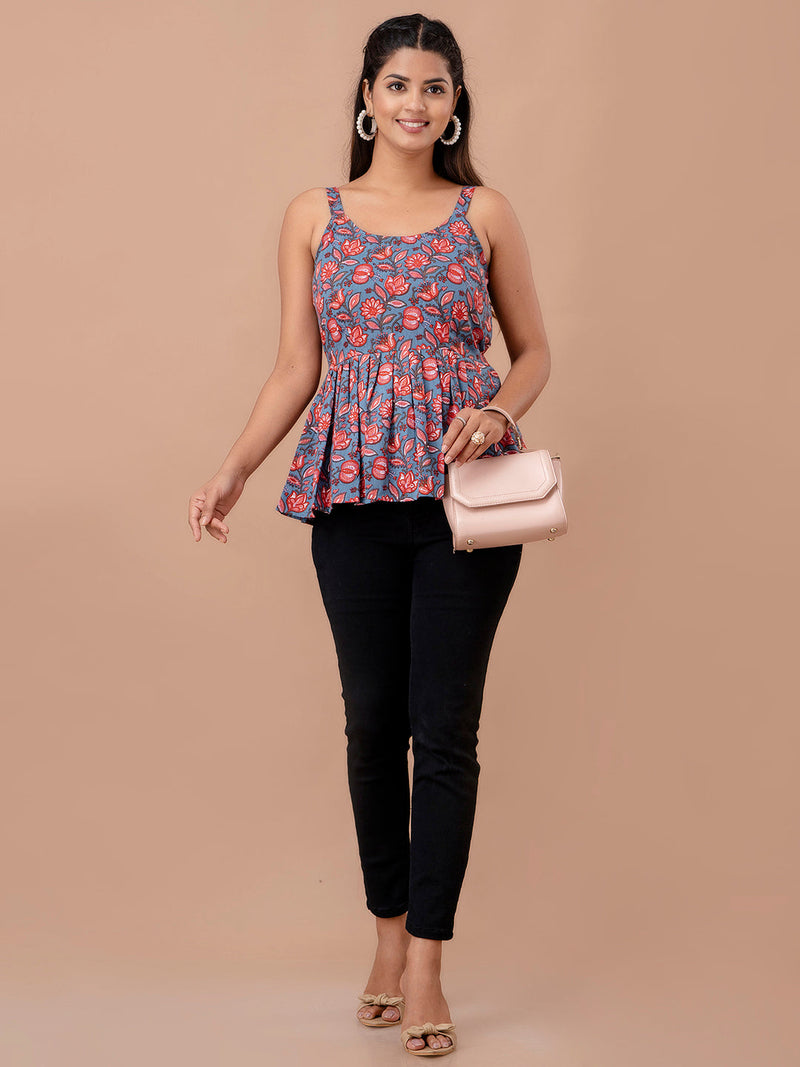 Floral Print Cotton Peplum Top