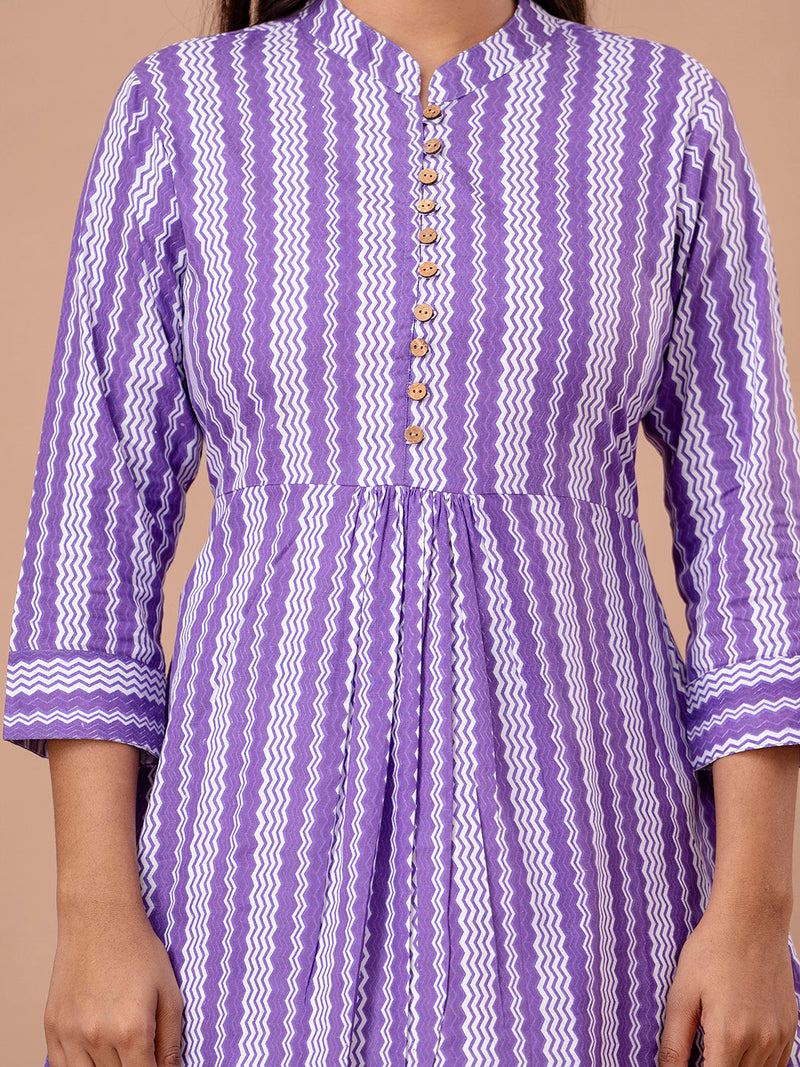 Floral Printed Pure Cotton Pleated A-Line Kurti