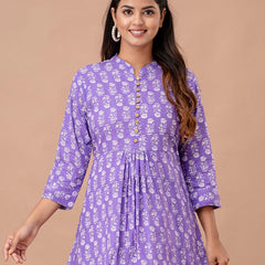 Floral Printed Pure Cotton Pleated A-Line Kurti