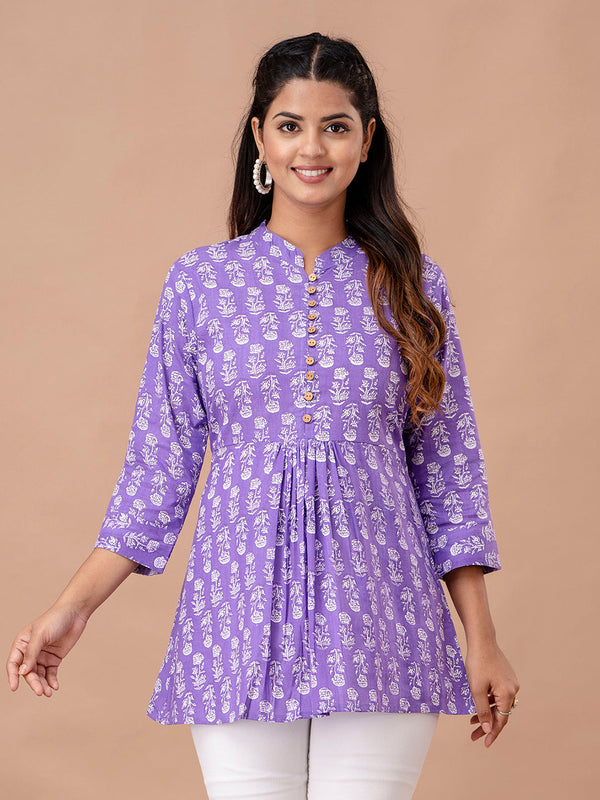 Floral Printed Pure Cotton Pleated A-Line Kurti