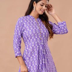 Floral Printed Pure Cotton Pleated A-Line Kurti