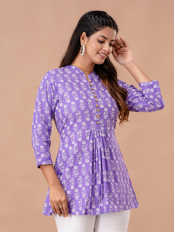 Floral Printed Pure Cotton Pleated A-Line Kurti