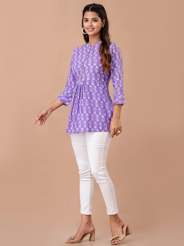 Floral Printed Pure Cotton Pleated A-Line Kurti