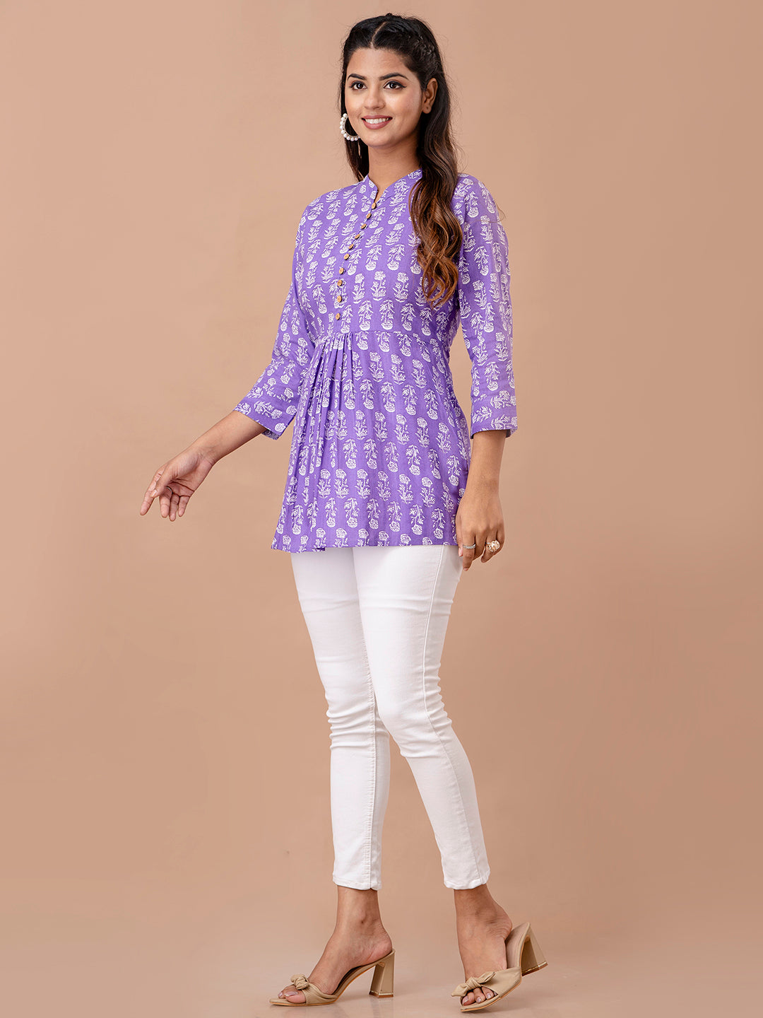 Floral Printed Pure Cotton Pleated A-Line Kurti FRKT6241