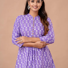 Floral Printed Pure Cotton Pleated A-Line Kurti