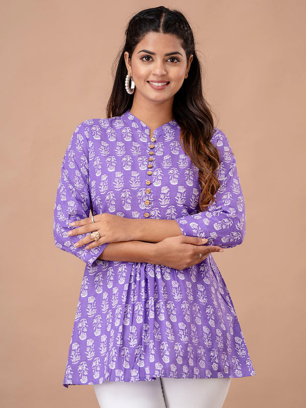 Floral Printed Pure Cotton Pleated A-Line Kurti