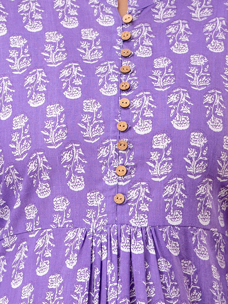Floral Printed Pure Cotton Pleated A-Line Kurti