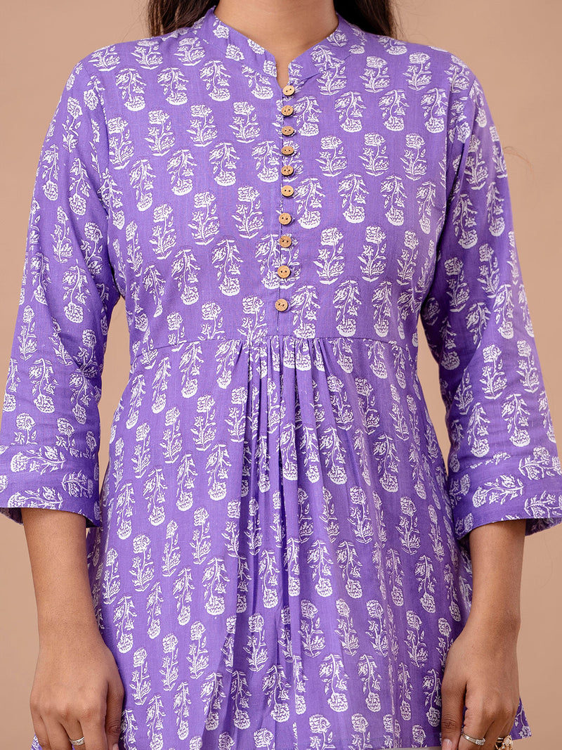 Floral Printed Pure Cotton Pleated A-Line Kurti