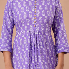 Floral Printed Pure Cotton Pleated A-Line Kurti