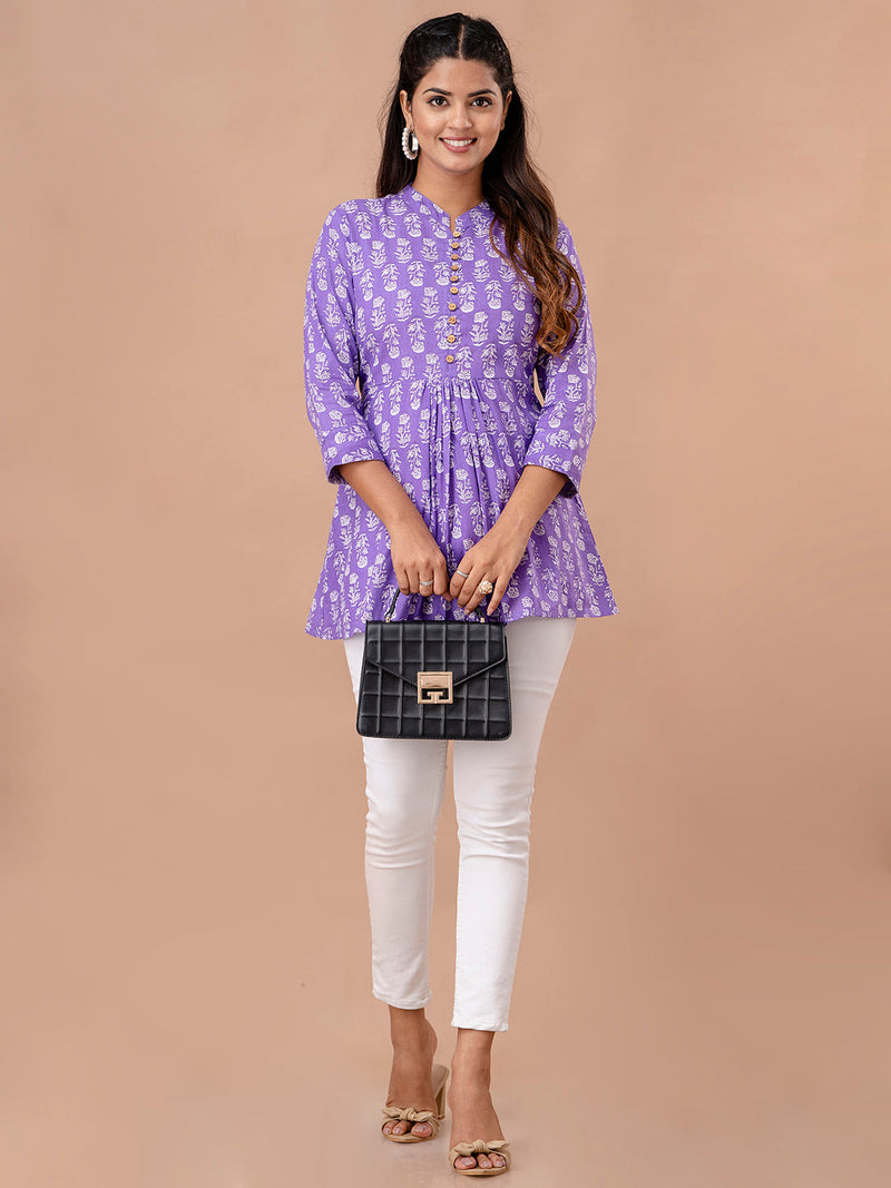 Floral Printed Pure Cotton Pleated A-Line Kurti