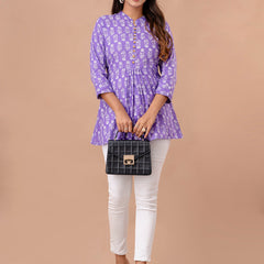Floral Printed Pure Cotton Pleated A-Line Kurti