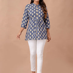 Floral Printed Pure Cotton Pleated A-Line Kurti