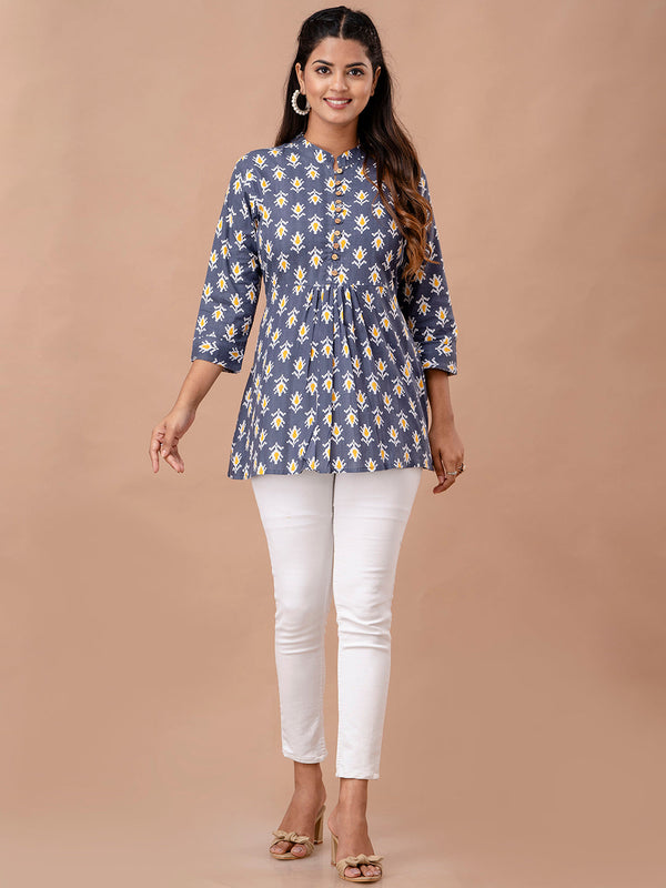 Floral Printed Pure Cotton Pleated A-Line Kurti