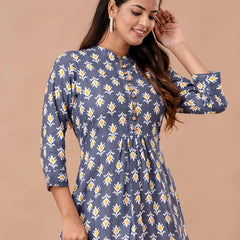 Floral Printed Pure Cotton Pleated A-Line Kurti