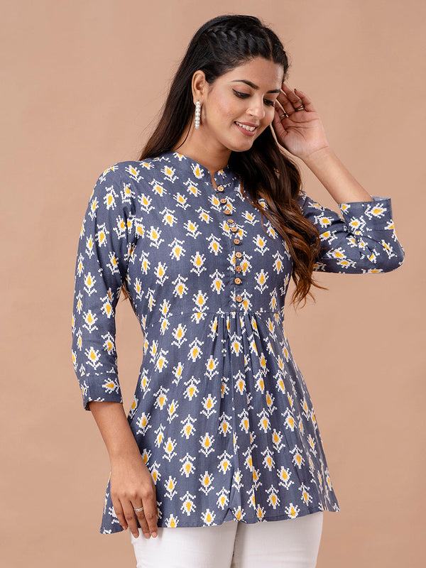 Floral Printed Pure Cotton Pleated A-Line Kurti