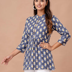 Floral Printed Pure Cotton Pleated A-Line Kurti
