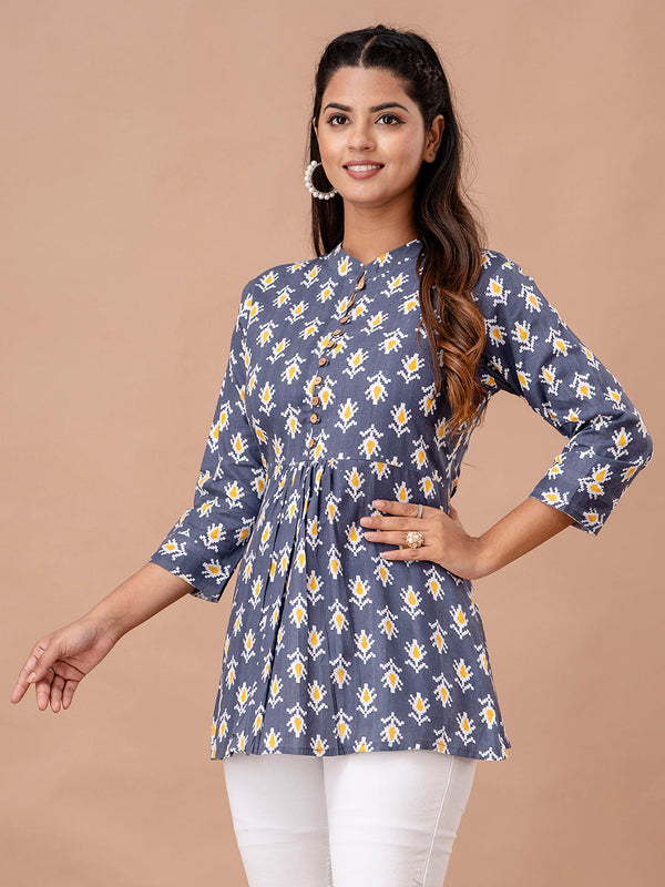 Floral Printed Pure Cotton Pleated A-Line Kurti
