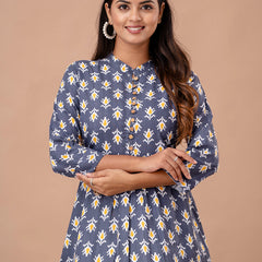 Floral Printed Pure Cotton Pleated A-Line Kurti
