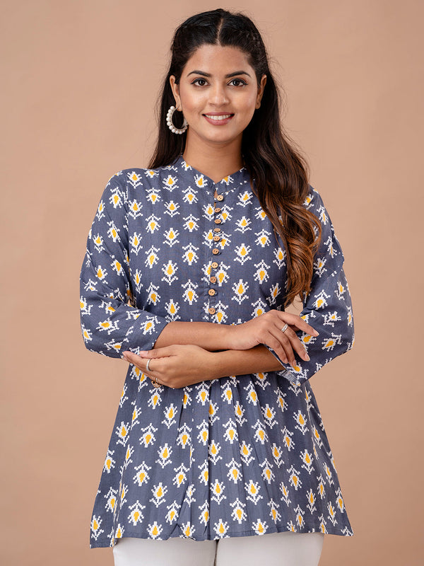 Floral Printed Pure Cotton Pleated A-Line Kurti