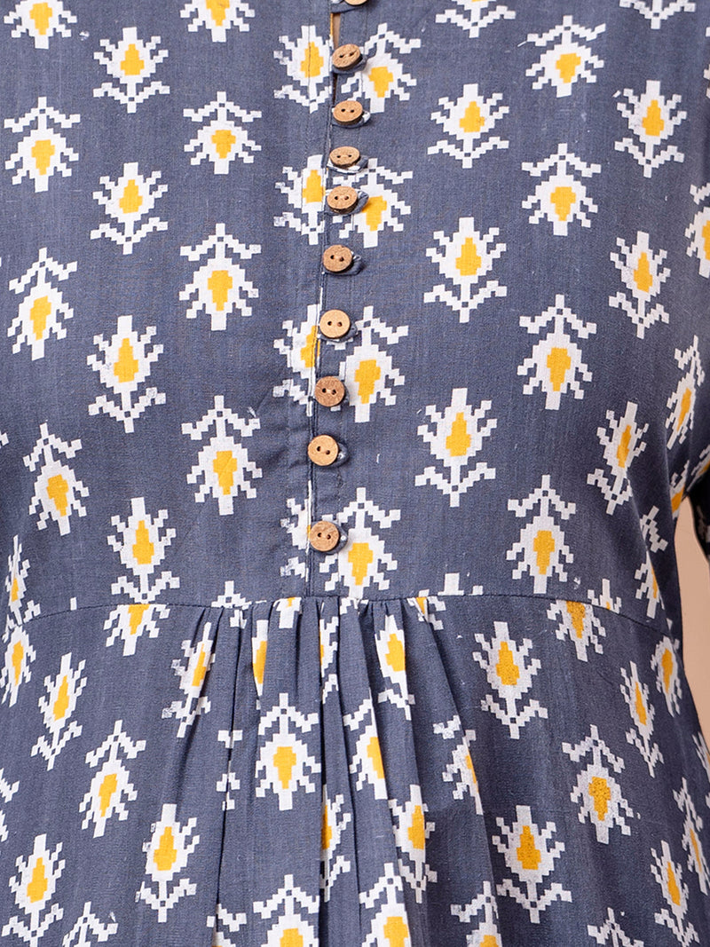 Floral Printed Pure Cotton Pleated A-Line Kurti