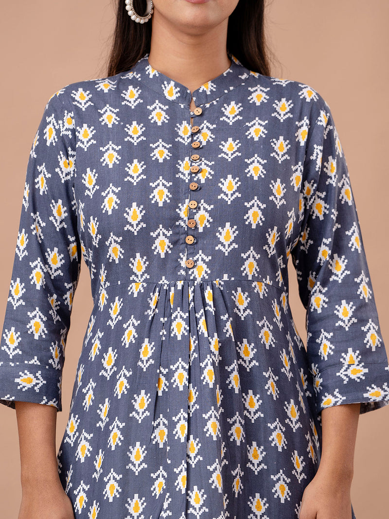 Floral Printed Pure Cotton Pleated A-Line Kurti
