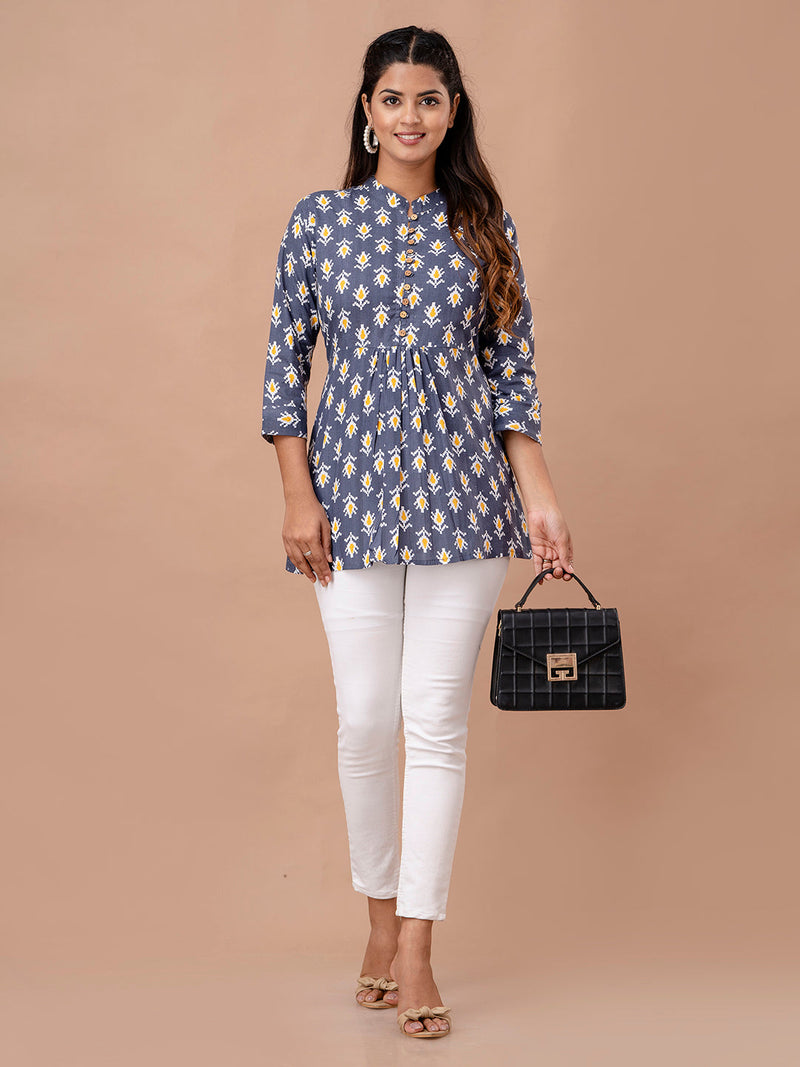 Floral Printed Pure Cotton Pleated A-Line Kurti