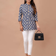 Floral Printed Pure Cotton Pleated A-Line Kurti