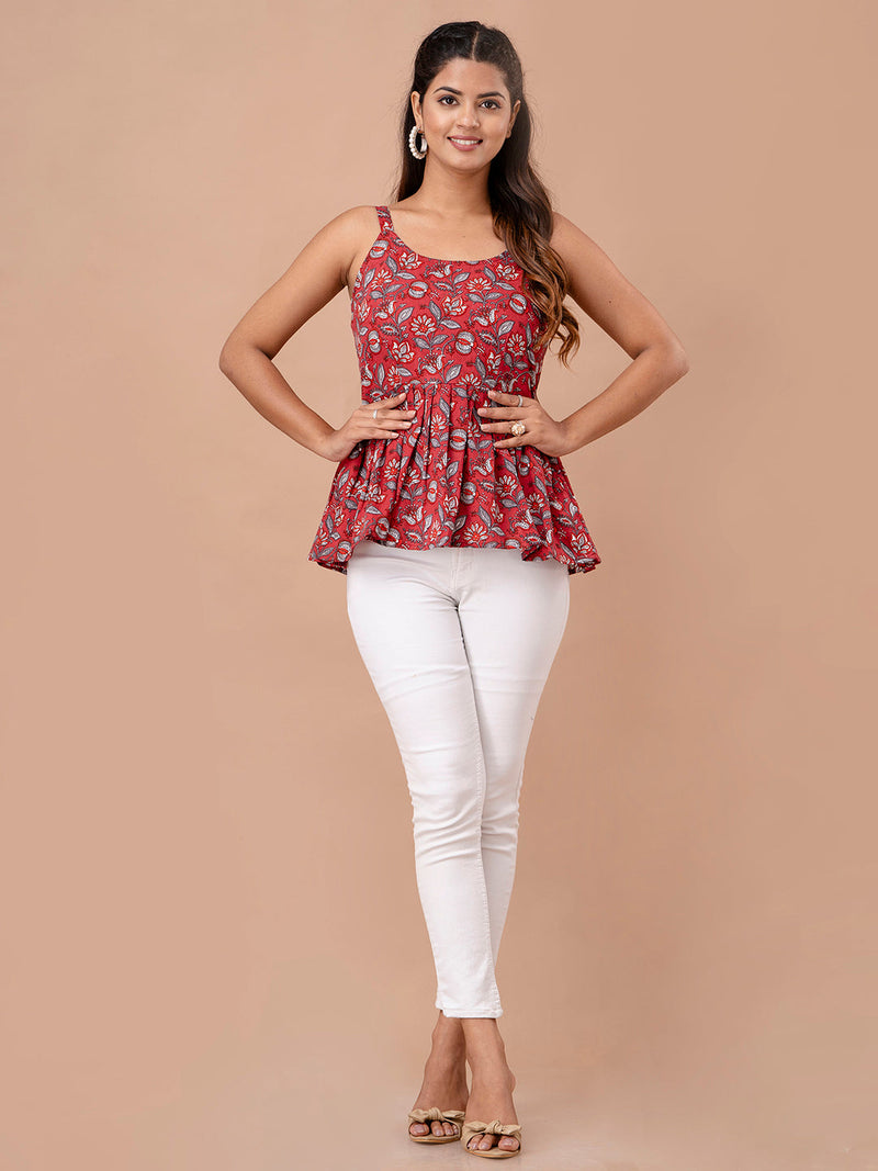 Floral Print Cotton Peplum Top