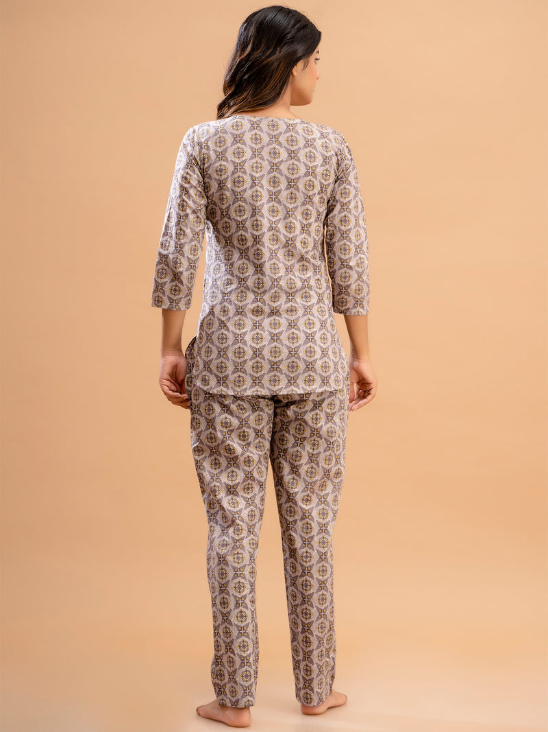 Purple Printed Cotton Night Suit with V-Neck Kurti & Ankle-Length Pants