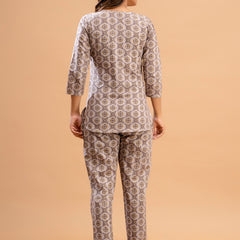 Purple Printed Cotton Night Suit with V-Neck Kurti & Ankle-Length Pants