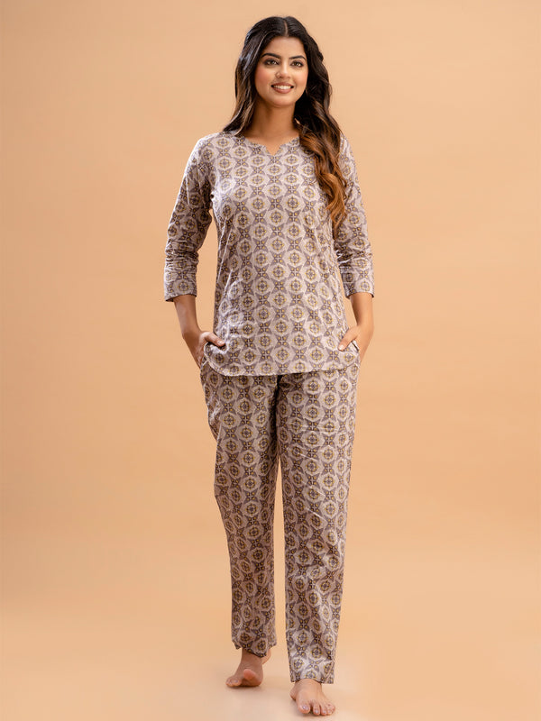 Purple Printed Cotton Night Suit with V-Neck Kurti & Ankle-Length Pants