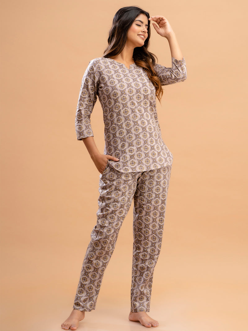 Purple Printed Cotton Night Suit with V-Neck Kurti & Ankle-Length Pants