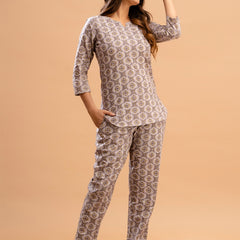 Purple Printed Cotton Night Suit with V-Neck Kurti & Ankle-Length Pants