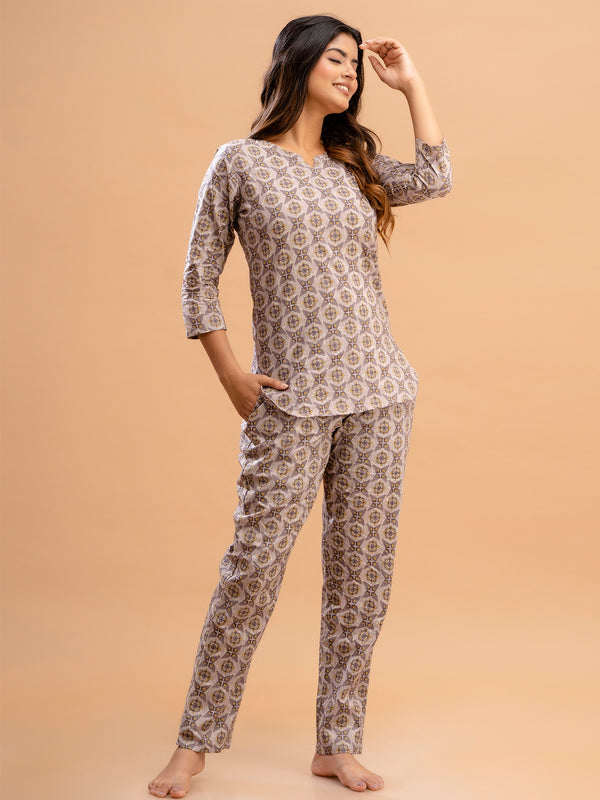 Purple Printed Cotton Night Suit with V-Neck Kurti & Ankle-Length Pants