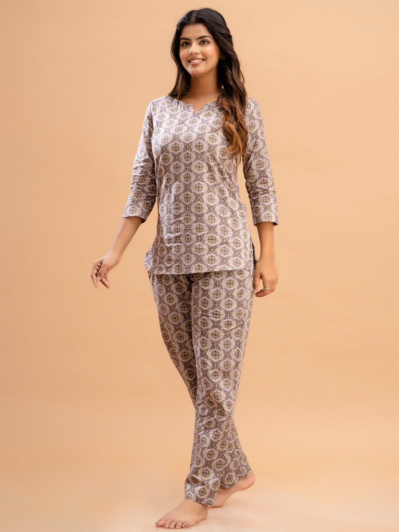 Purple Printed Cotton Night Suit with V-Neck Kurti & Ankle-Length Pants