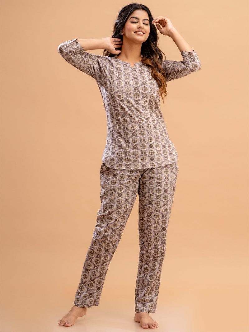 Purple Printed Cotton Night Suit with V-Neck Kurti & Ankle-Length Pants