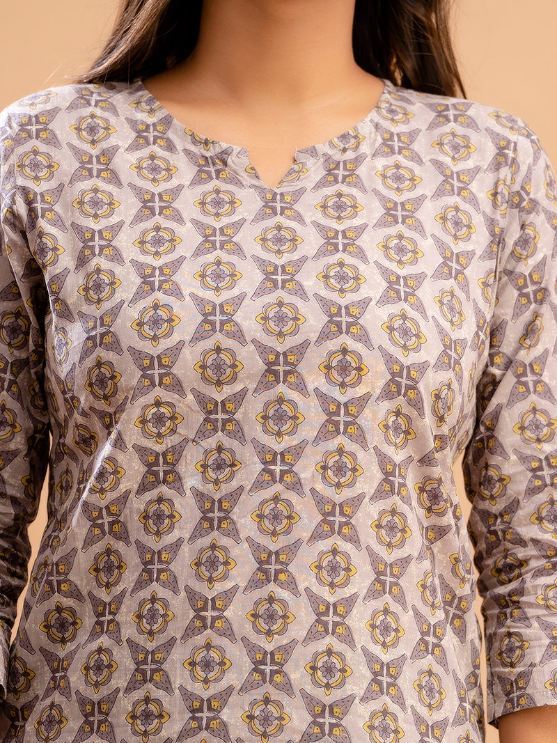 Purple Printed Cotton Night Suit with V-Neck Kurti & Ankle-Length Pants