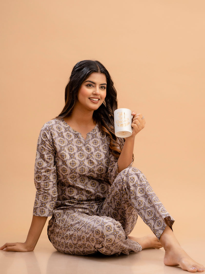 Purple Printed Cotton Night Suit with V-Neck Kurti & Ankle-Length Pants