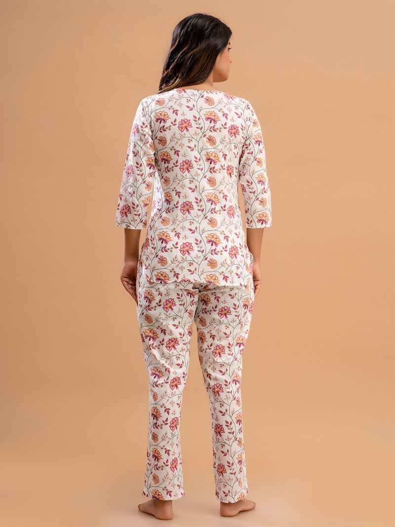 White Printed Cotton Night Suit with V-Neck Kurti & Ankle-Length Pants