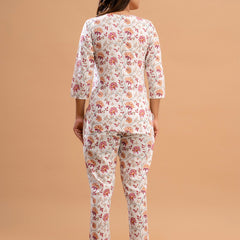 White Printed Cotton Night Suit with V-Neck Kurti & Ankle-Length Pants
