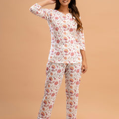 White Printed Cotton Night Suit with V-Neck Kurti & Ankle-Length Pants