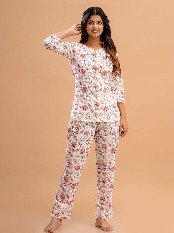White Printed Cotton Night Suit with V-Neck Kurti & Ankle-Length Pants