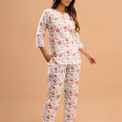 White Printed Cotton Night Suit with V-Neck Kurti & Ankle-Length Pants