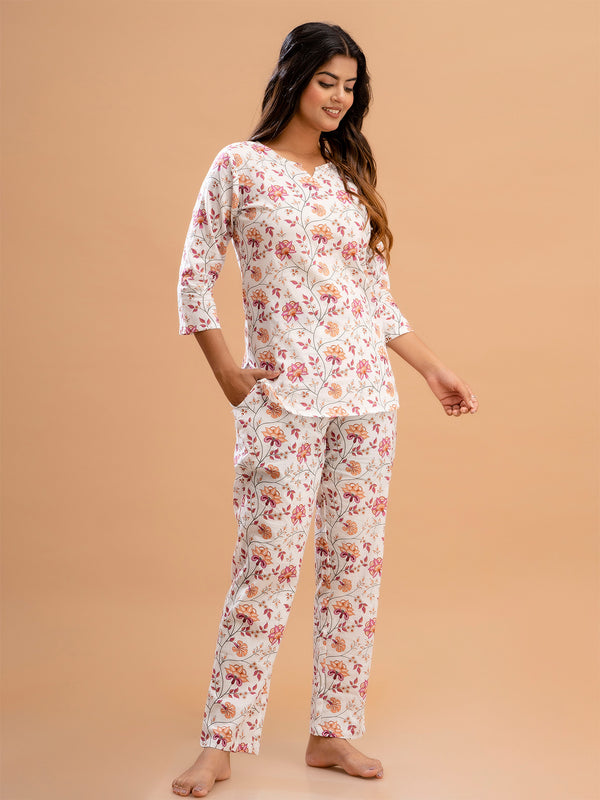 White Printed Cotton Night Suit with V-Neck Kurti & Ankle-Length Pants