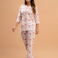 White Printed Cotton Night Suit with V-Neck Kurti & Ankle-Length Pants