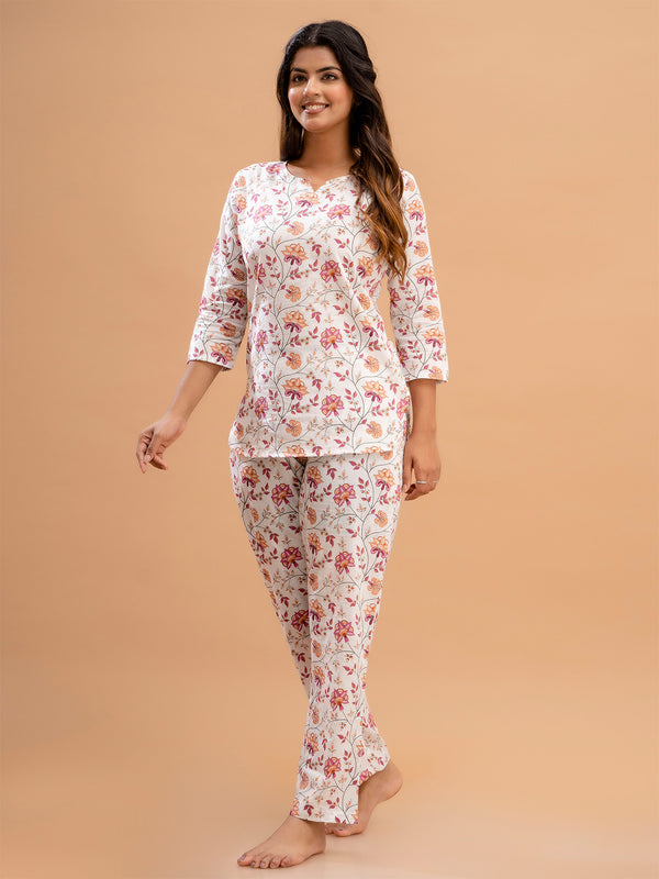White Printed Cotton Night Suit with V-Neck Kurti & Ankle-Length Pants