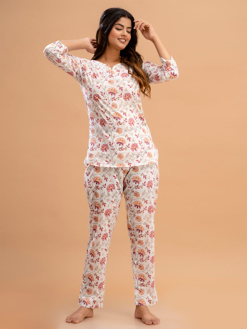 White Printed Cotton Night Suit with V-Neck Kurti & Ankle-Length Pants